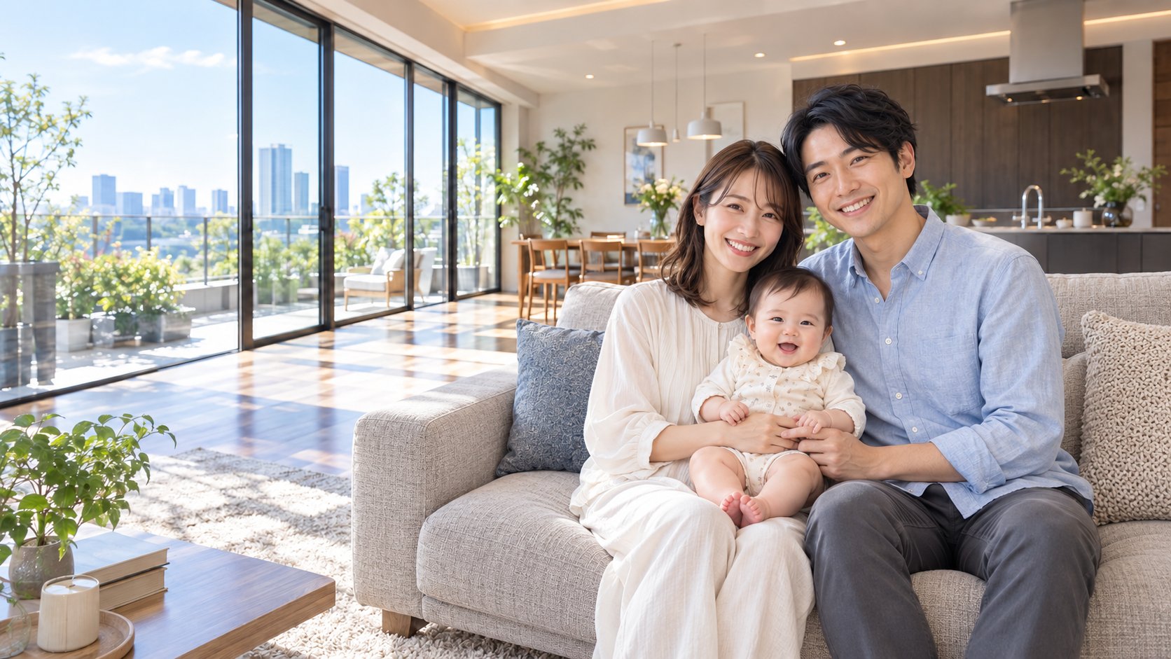 明るい住まいのソファに座って笑う赤ちゃんとパパ・ママ